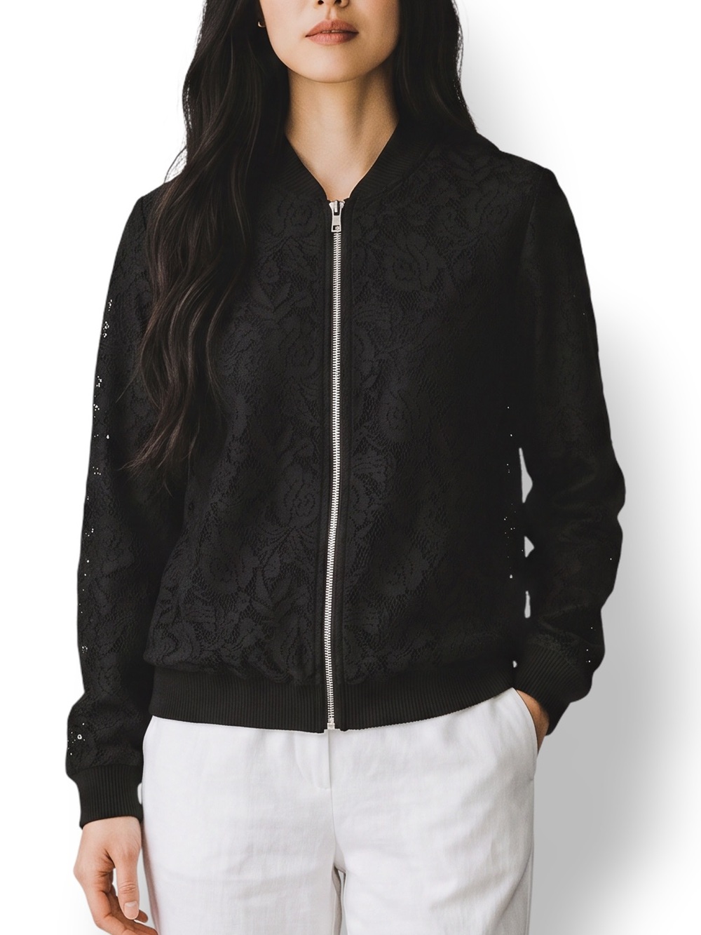 4/$20 Xhilaration Black Floral Lace Bomber Jacket Zip Front Lightweight Medium